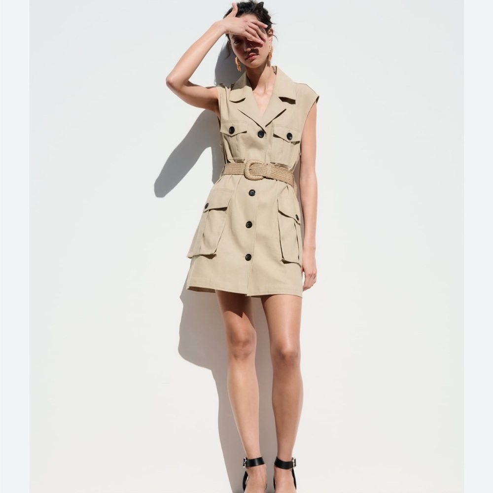 Zara Safari Linen Vest Trench Dress XS